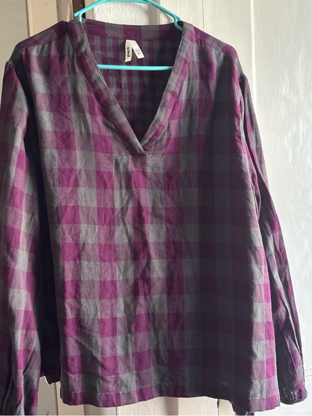 Pact Purple and Gray Plaid V-Neck Button-Up Blouse